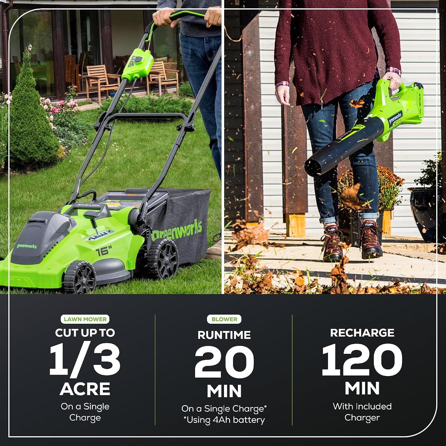 Greenworks 40V 16' Brushless Cordless (Push) Lawn Mower + Blower (350 CFM), 4.0Ah Battery and Charger Included (75+ Compatible Tools)