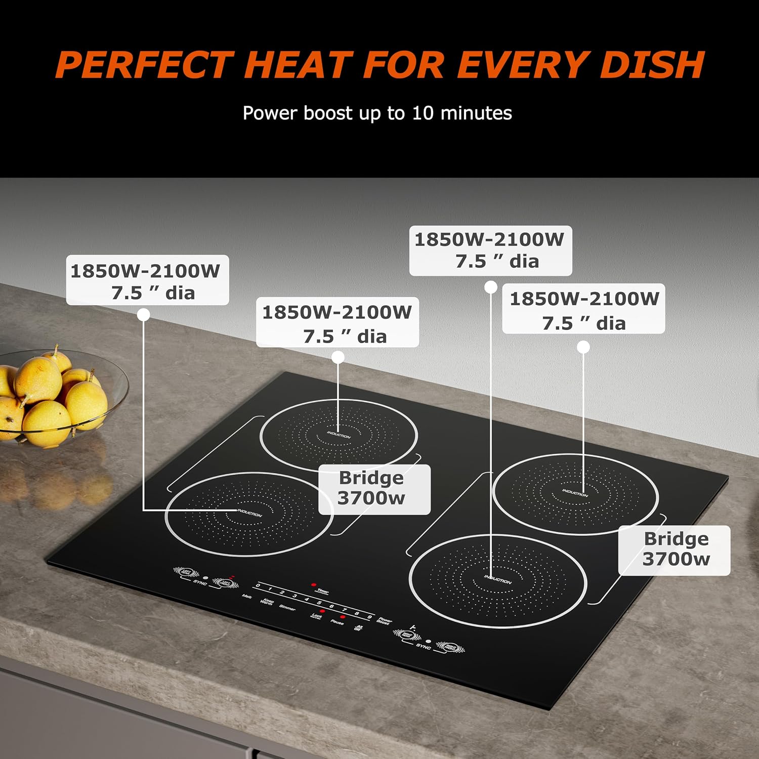 24 Inch Induction Cooktop 4 Burners, Flat Glass Top Electric Stove with Bridge-SYNC, 3 Preset Modes Booster, Timer, Pause, Child Lock, Drop in, 208~240V/40A, Black
