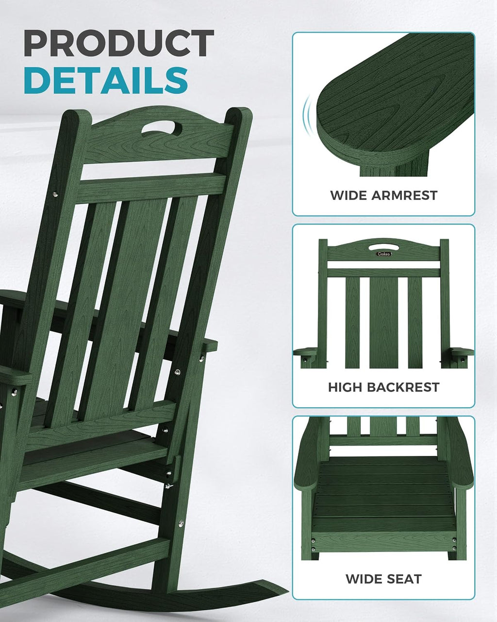 Ciokea Oversized Outdoor Rocking Chairs Set of 2, 380lbs Heavy-Duty Large Patio Rocker, High Back Cozy Porch Chairs, Weather Resistant Patio Rocking Chairs for Outside, Fire Pit, Deck, Forest