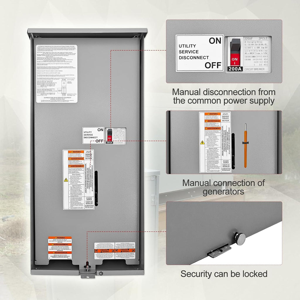 200 Amp Automatic Transfer Switch w/Power Management Replacement for Generac RXSW200A3 Single Phase Transfer Switch NEMA 3R 8-24KW Outdoor Rated Aluminum Enclosure for Indoor and Outdoor Use