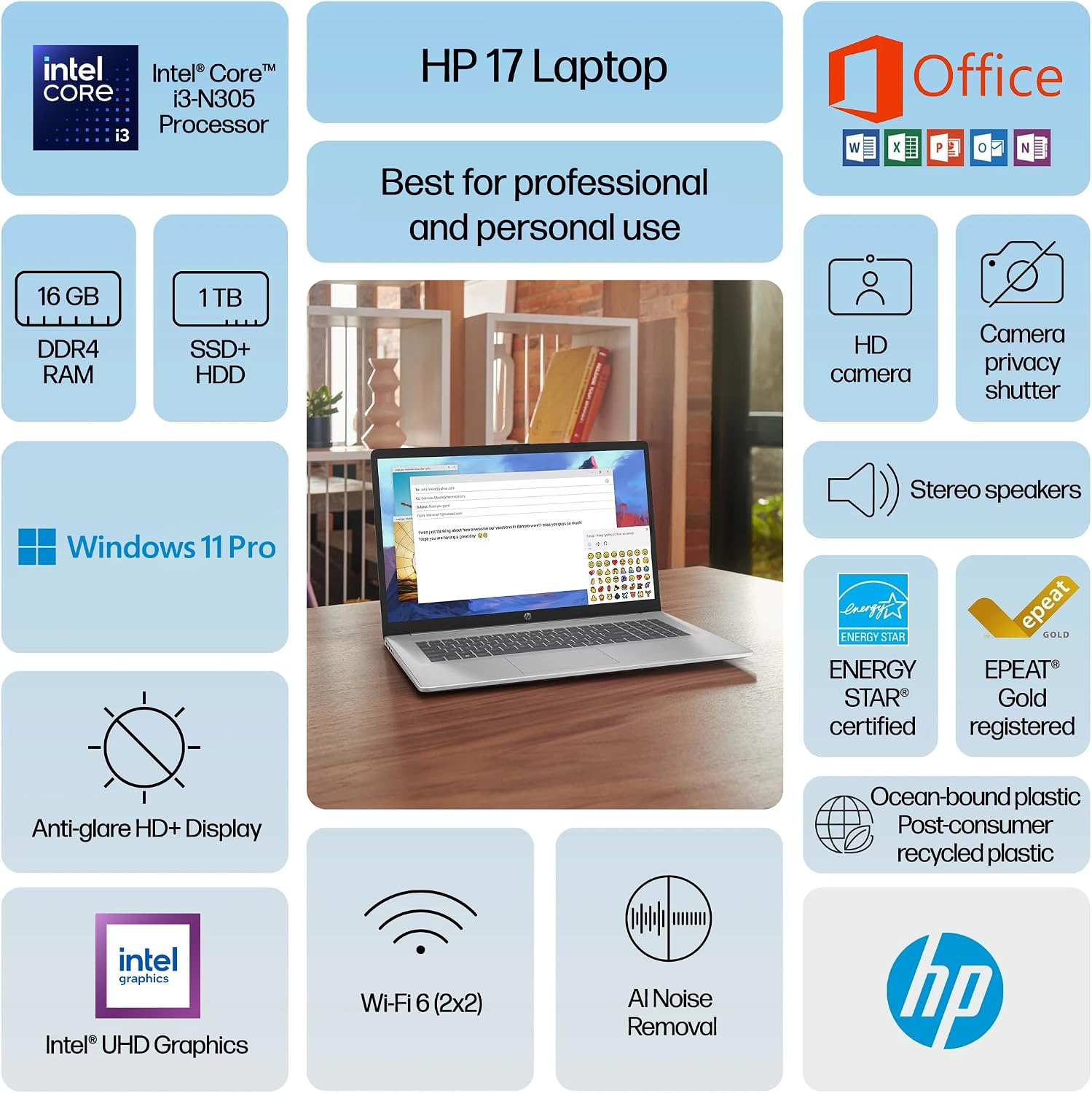 HP 17 Laptop Business 2025, Lifetime MS Office, 17.3' HD+ Computer, 8-Core Intel i3 Processor, 16GB RAM, 1TB Storage (500GB SSD + 500GB Ext), Wi-Fi 6, Long Battery, MarxsolAccessory, Win 11 Pro