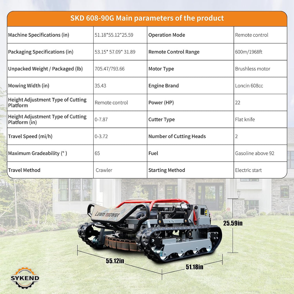 Remote-Controlled Robotic Lawnmower with a Powerful 22hp Brand Engine, Capable of Climbing Slopes up to 65°, and Featuring a High-Power 48v Brushless Motor Suitable for All Terrains