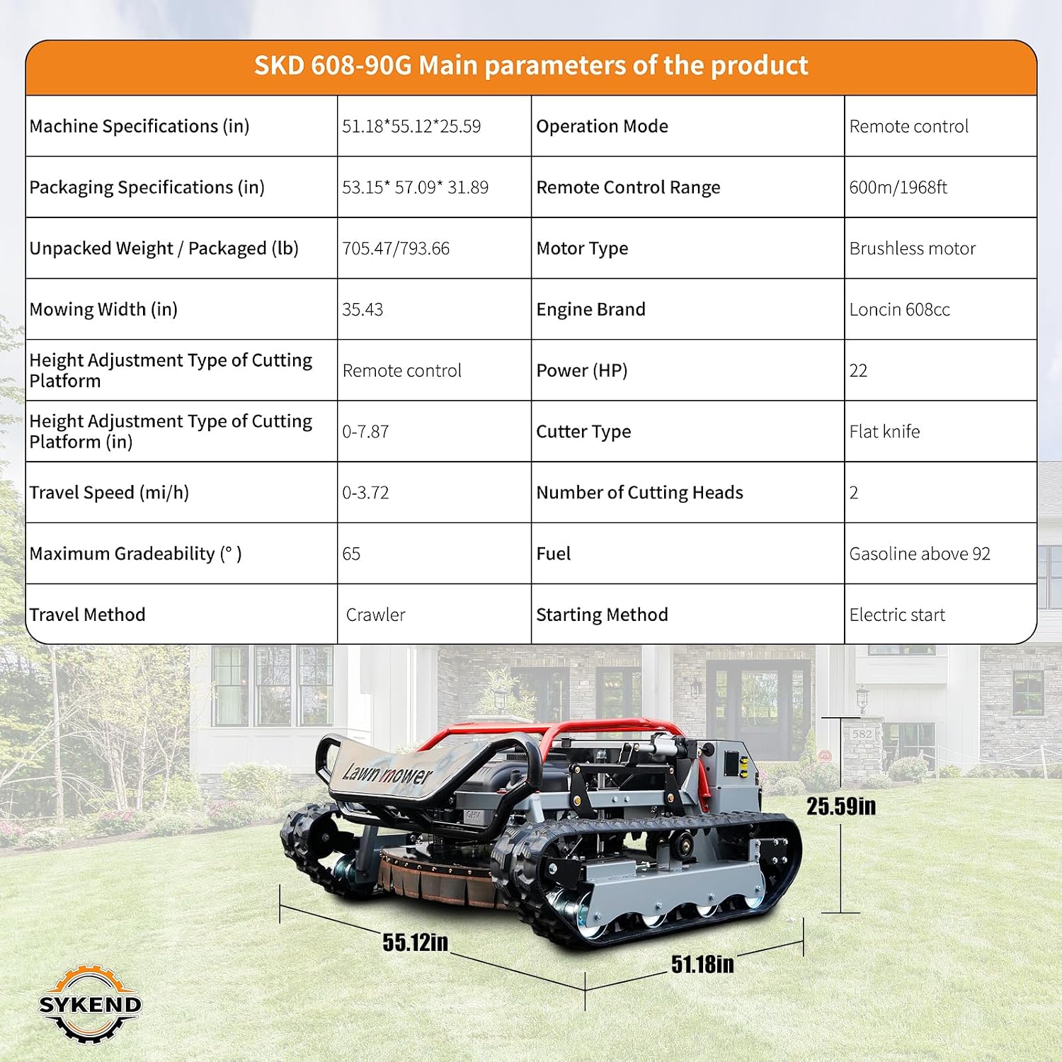 Remote-Controlled Robotic Lawnmower with a Powerful 22hp Brand Engine, Capable of Climbing Slopes up to 65°, and Featuring a High-Power 48v Brushless Motor Suitable for All Terrains