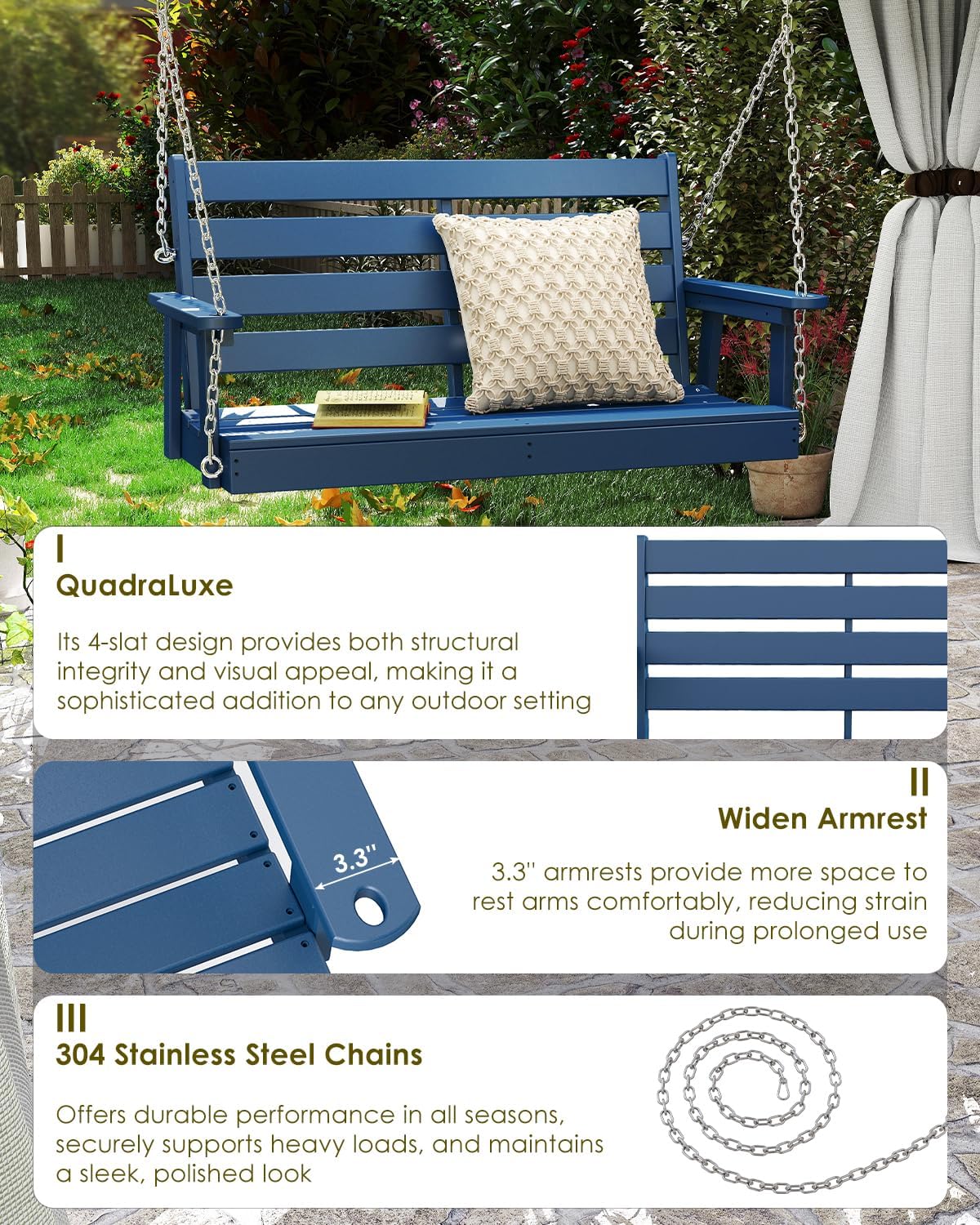 GREENVINES Porch Swing | 51'' | HDPE Plastic | for Outdoor Patio | All Weather | Waterproof Bench Swings | w/ 4 Stainless Steel Chains | Blue