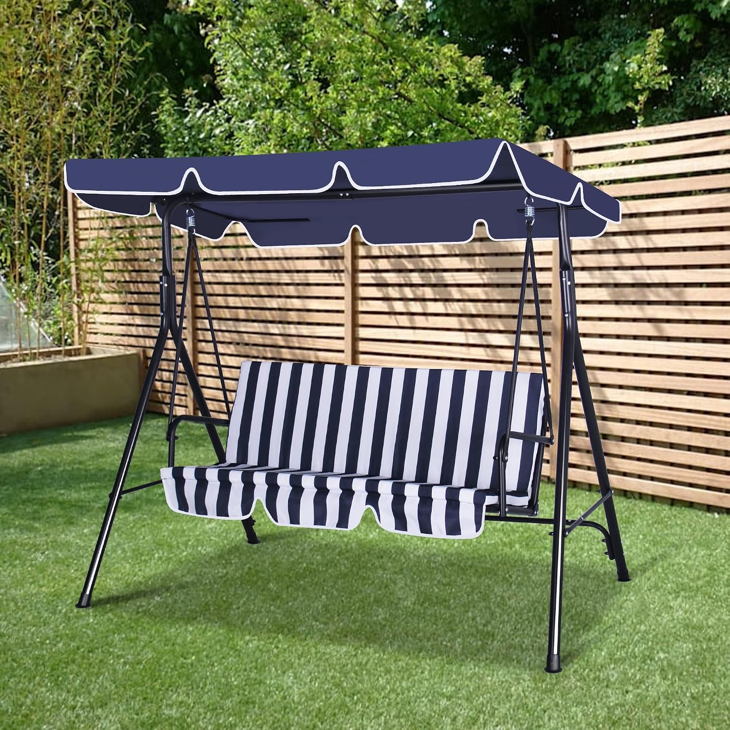 GARTOO 3-Seat Patio Swing Chair, Outdoor Porch Swing with Adjustable Canopy and Durable Steel Frame for Patio, Garden, Poolside(Nevy Blue)