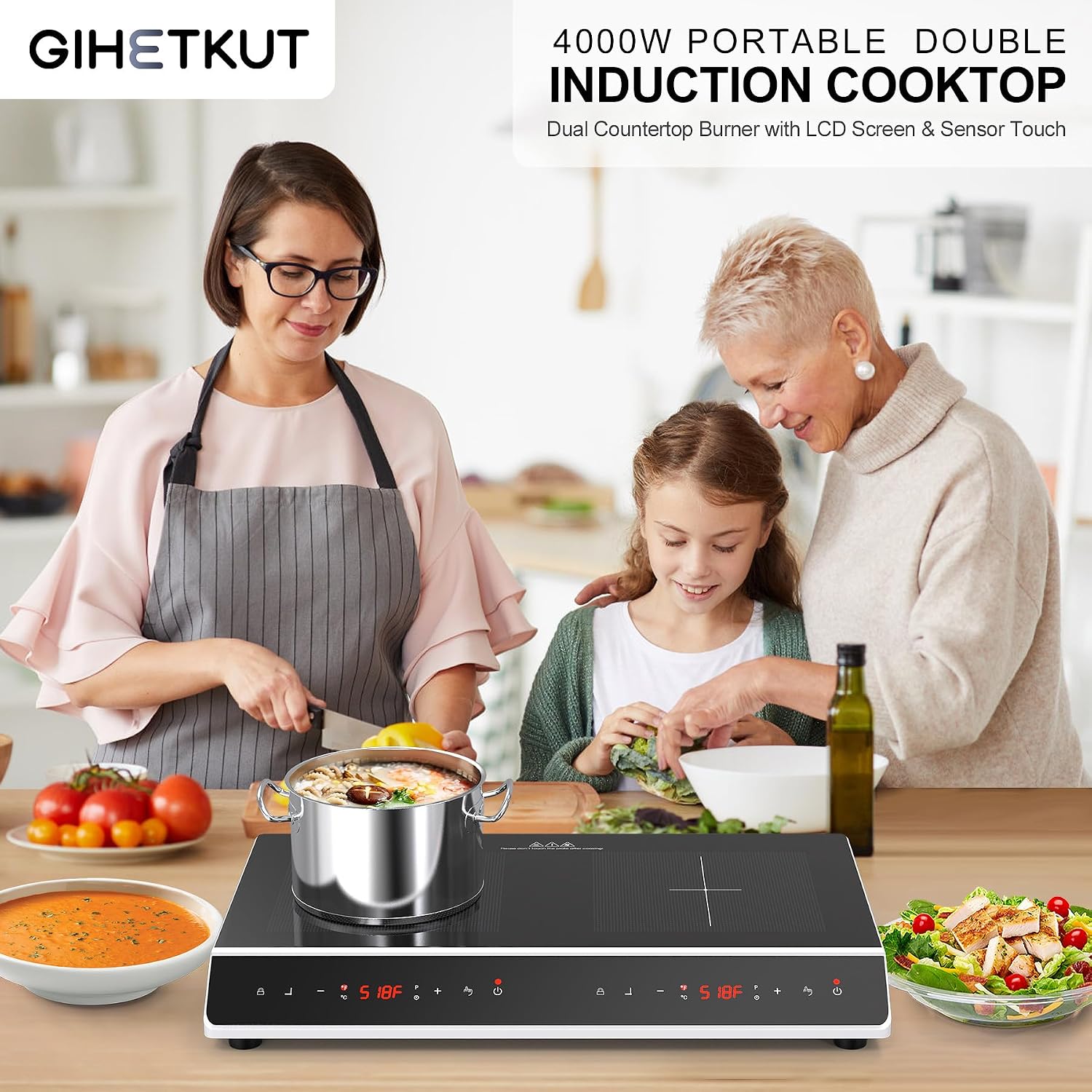GIHETKUT Double Induction Cooktop, 4000W 2 burner Induction cooktop with LED Touch Screen 10 Levels Settings with Child Safety Lock & Timer 110V Electric burner with hot plate