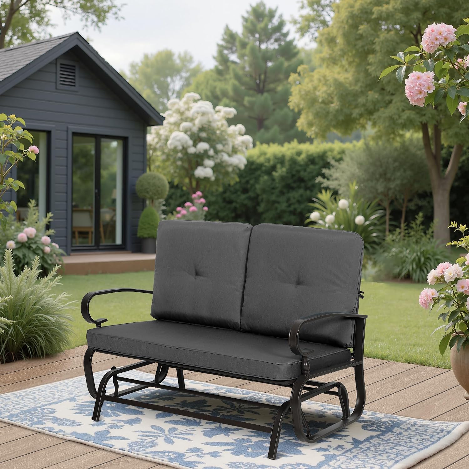 Outdoor Bench Patio Swing Glider Loveseat 2 Seats Rocking Chair, Wrought Iron Gliders for Outside Patio with Cushion (Grey)
