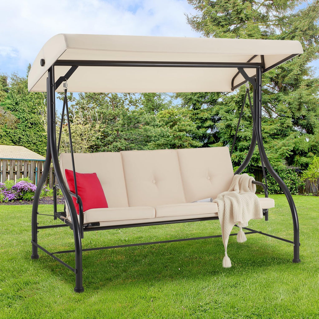 AECOJOY Porch Swing Chair, 3 Seats Porch Swing Adjustable Canopy Outdoor Swing with Stand Patio Swing Bed with Removable Beige Cushions
