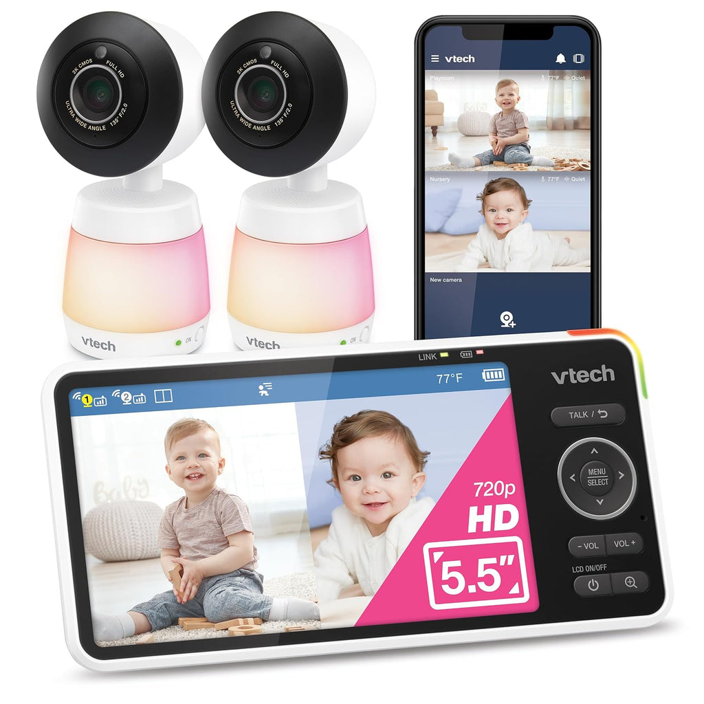 VTech Smart HD Plus Twin 2-Camera Smart WiFi Baby Monitor – 2K Cameras, 5.5' HD Split-Screen, 24X Zoom, Free App, Multi-Color Night Light