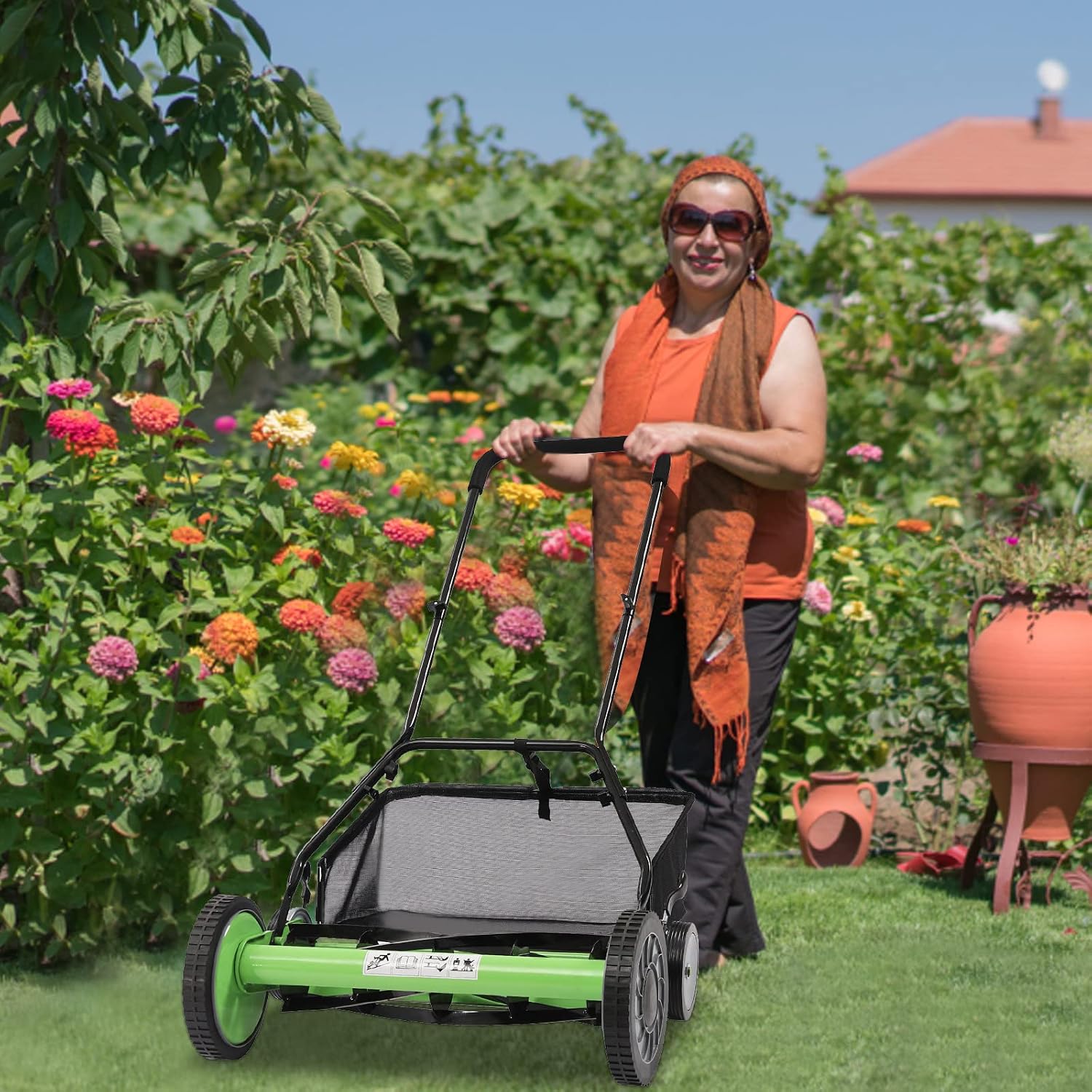 20-Inch 5-Blade Cordless Manual Reel Lawn Mower, Adjustable Cutting Height Manual Reel Mower with Removable Grass Collection Basket, 4 Wheels