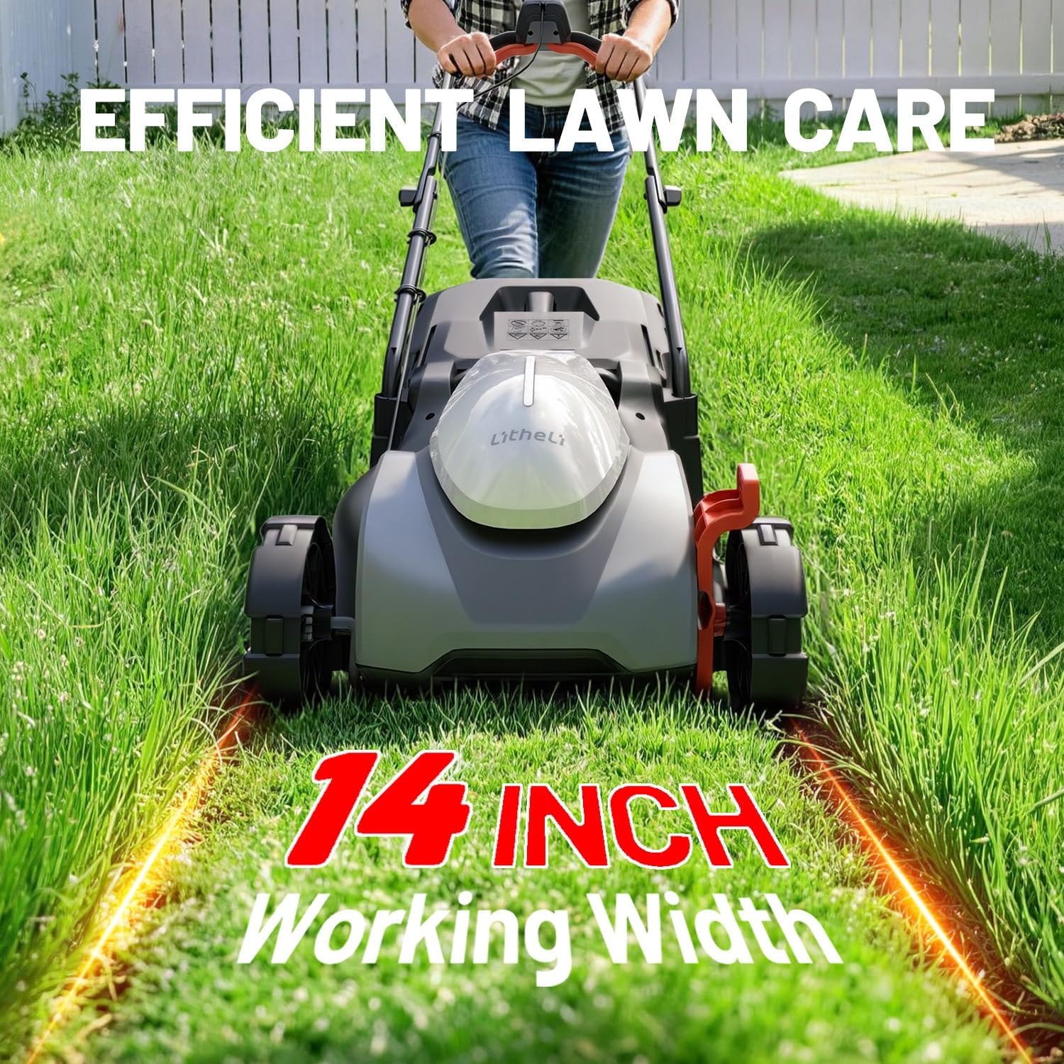 Litheli 14 Inch Cordless Lawn Mower, Brushless Motor Push Mower with Zero Maintenance, 5.0Ah Battery & Charger, Cuts up to 3500 Sq. Ft, 5-Position Height Adjustment (1-2.5 in), Lightweight Design