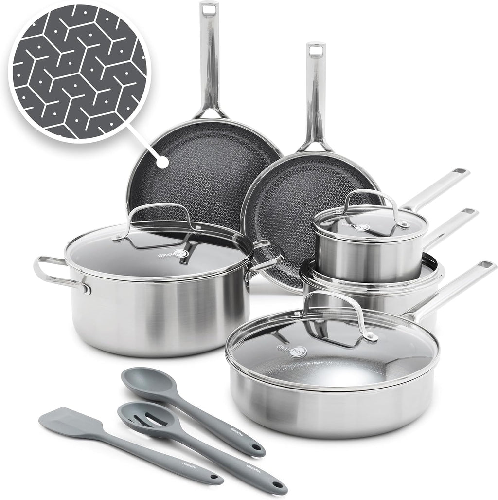 GreenPan Hybrid 13 Piece Nonstick Stainless Steel Cookware Set, APEX Tri-Ply Thermobond PFAS-Free Ceramic Pots & Pans, Induction & All Cooktop Compatible, Oven Temp to 850°F, Dishwasher Safe, Silver