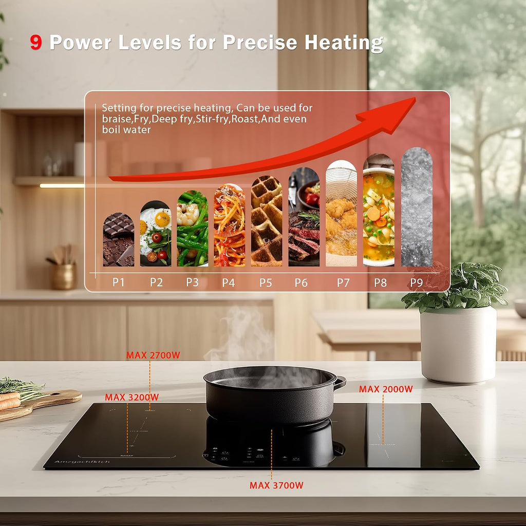 30 Inch Induction Cooktop - 4 Burner Built-In Electric Stove with Bridge-SYNC, Booster, Timer & Child Lock | 9000W 220-240V Hardwired, Black Glass Top