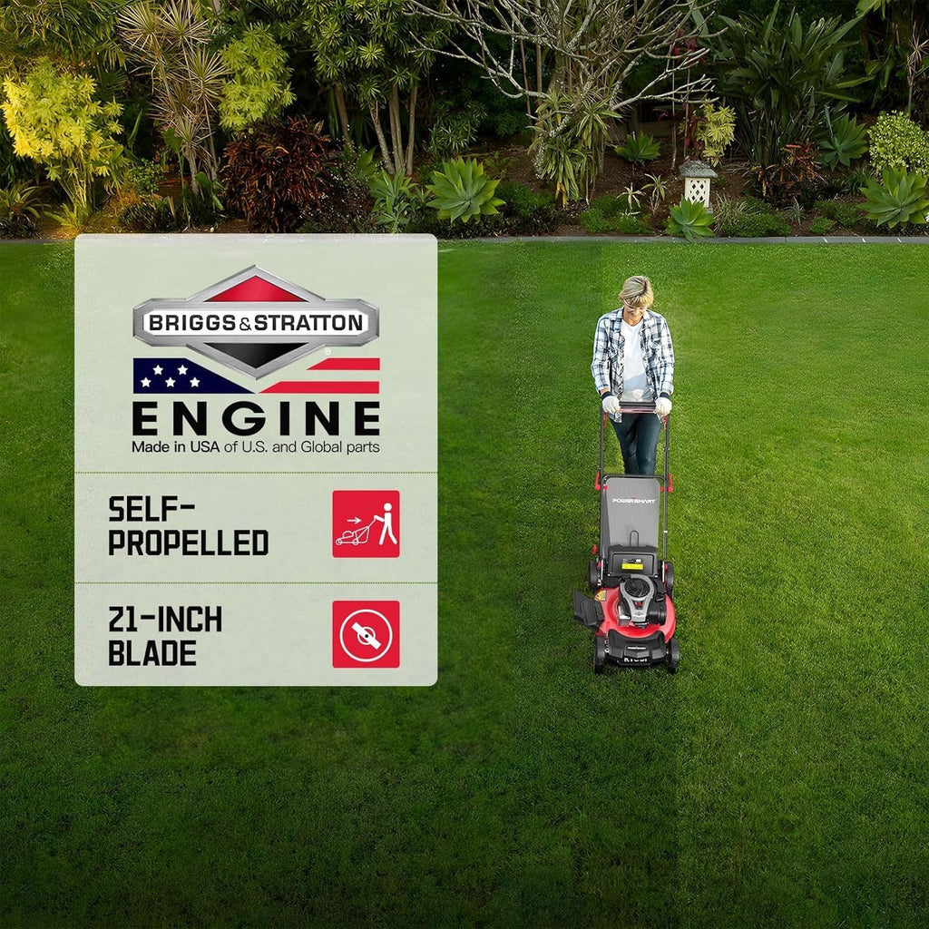 PowerSmart 21' Self-Propelled Lawn Mower with 140cc Briggs & Stratton Engine - Heavy-Duty Steel Deck, 6 Cutting Heights, 3-in-1 Mulching System