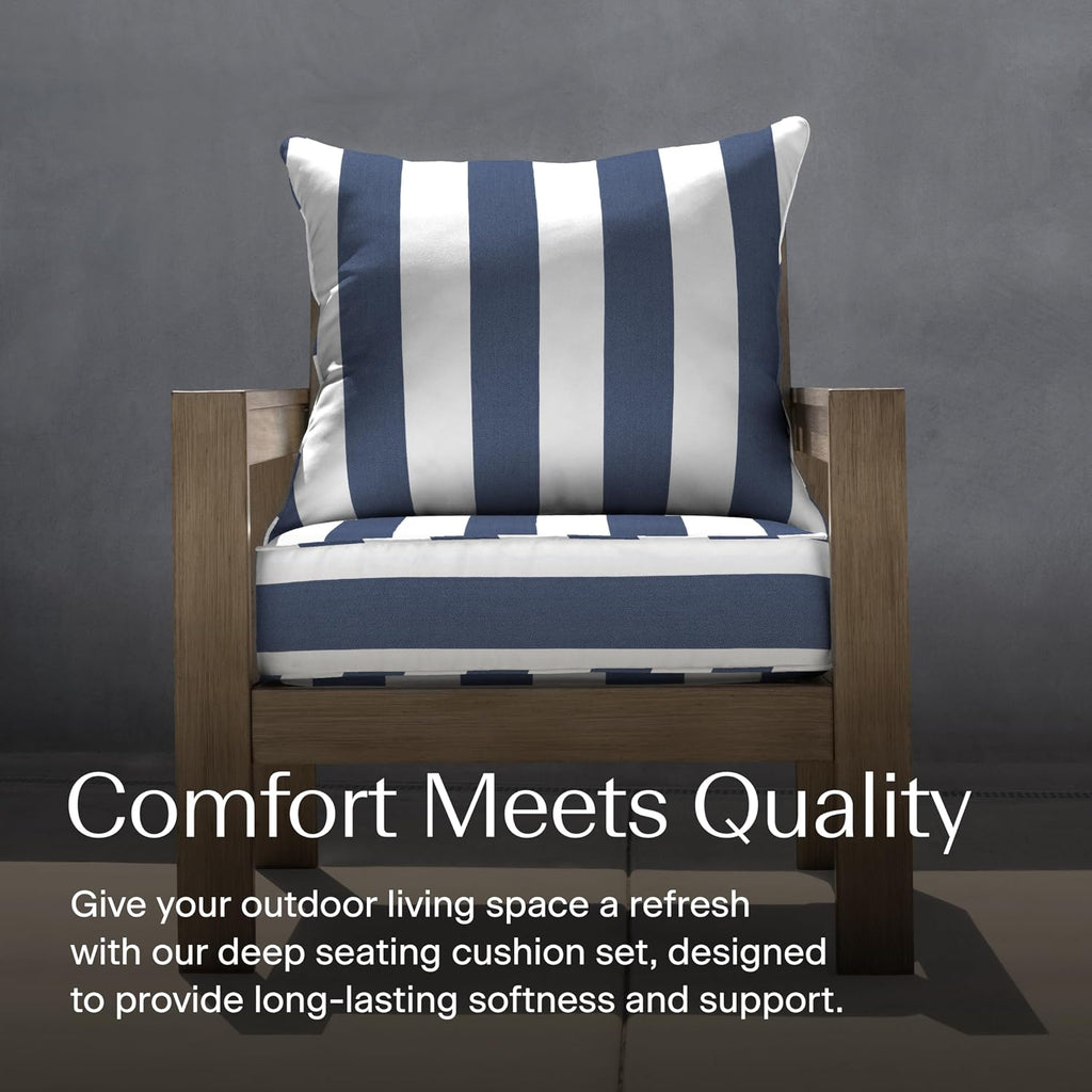 Honeycomb Outdoor Heritage Deep Seat, 24 x 23, Cabana Stripe Blue and White Chair Cushion with Removable Cover, for Patio Furniture