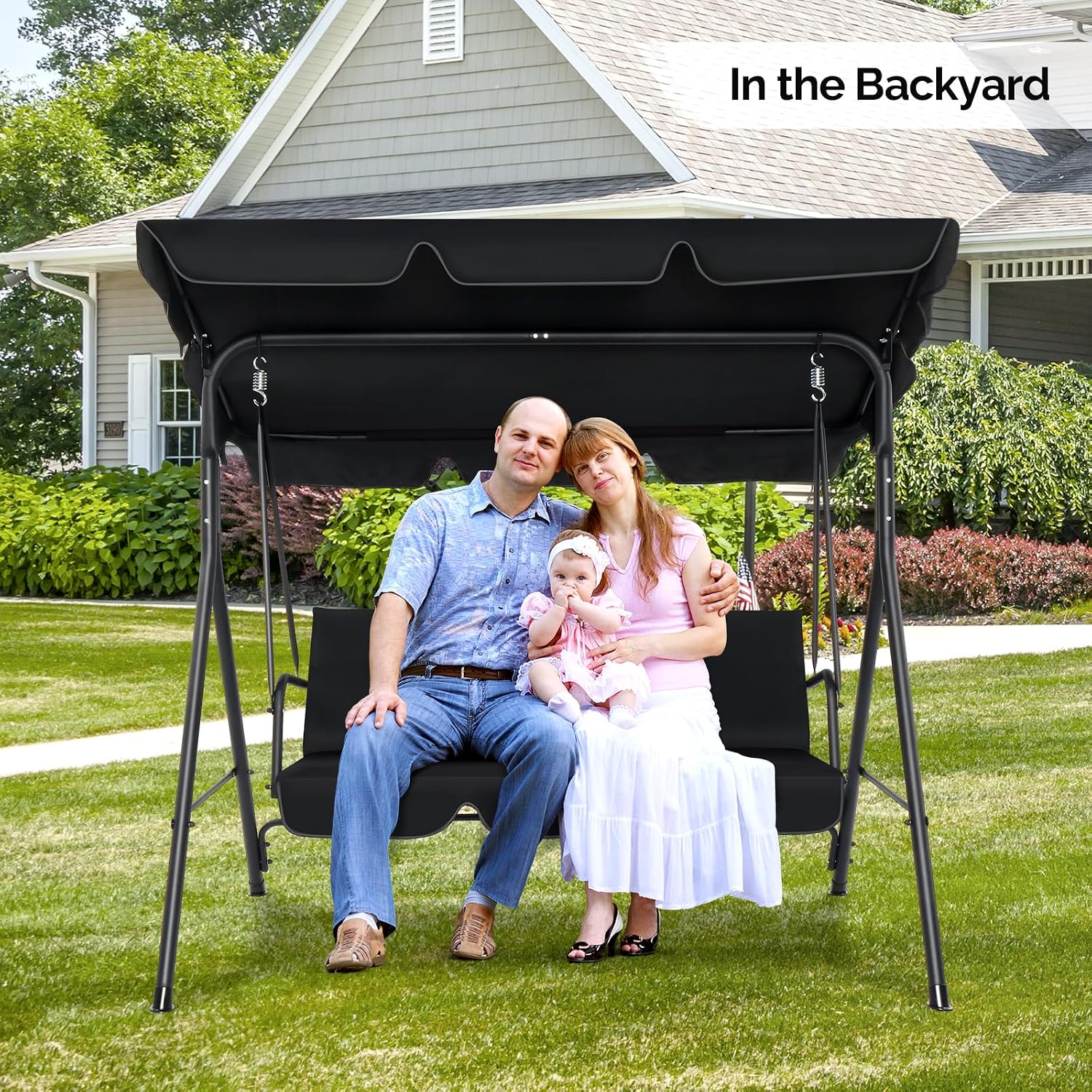 VINGLI Heavy Duty 550 LBS Upgraded 2 Person Outdoor Porch Swing with Stand, Adjustable Canopy Swing with Cushions & Steel Frame for Yard, Pool, Lawn, Indoors (Black)