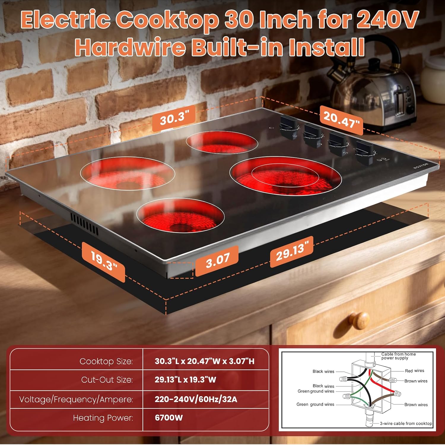 Noxton 30 Inch Electric Cooktop, 4 Burner Ceramic Cooktop with Glass Protection Metal Frame & Knob Control, Built-in Radiant Stove Top, Dual Ring Expandable Burner, 240V Hardwired for Seniors