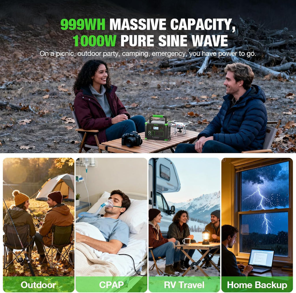 Portable Power Station 1000W, 999Wh Solar Generator, 110V Pure Sine Wave AC Outlets, 60W USB-C PD Fast Charging, 10 Ports for Outdoor Camping RV Van Home Backup Emergency Off-Grid Living（2000W Peak）