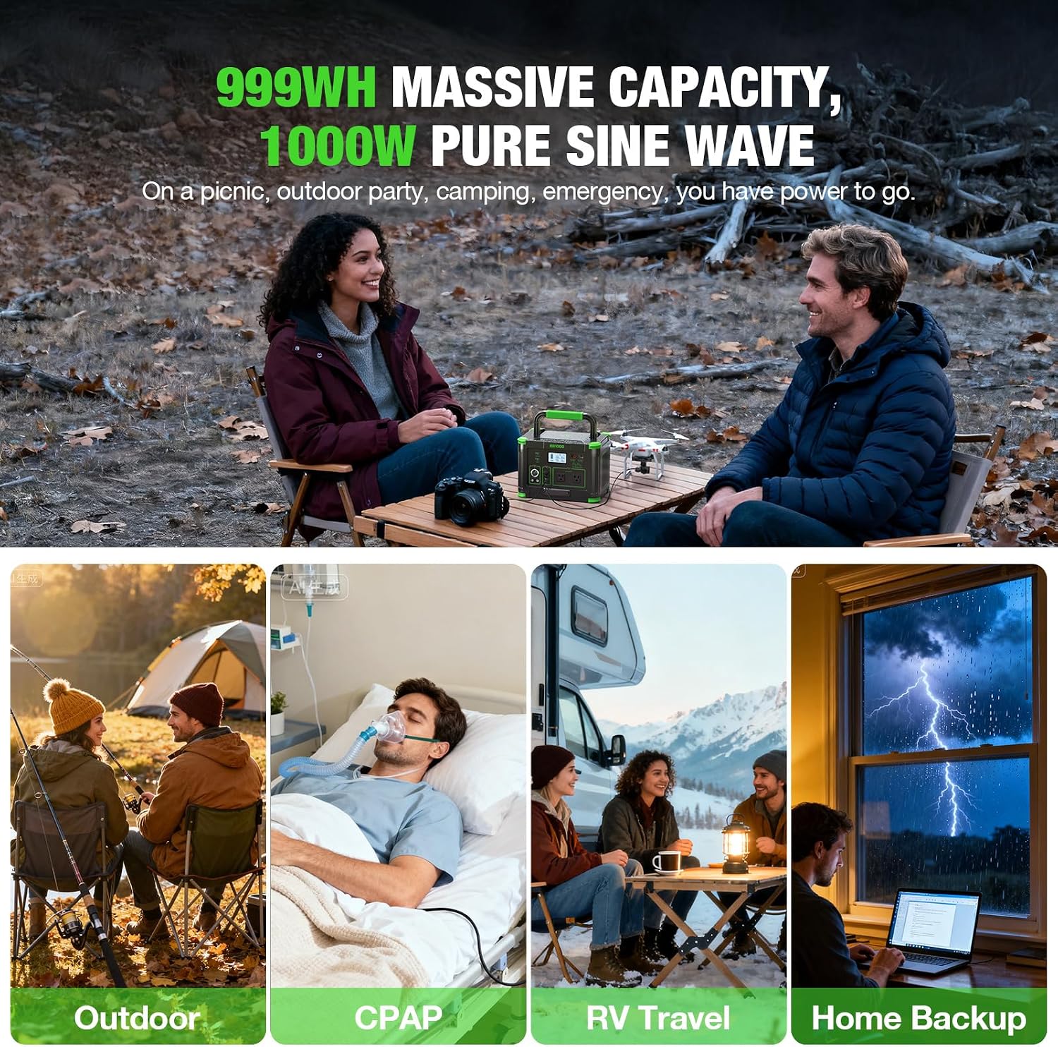 Portable Power Station 1000W, 999Wh Solar Generator, 110V Pure Sine Wave AC Outlets, 60W USB-C PD Fast Charging, 10 Ports for Outdoor Camping RV Van Home Backup Emergency Off-Grid Living（2000W Peak）