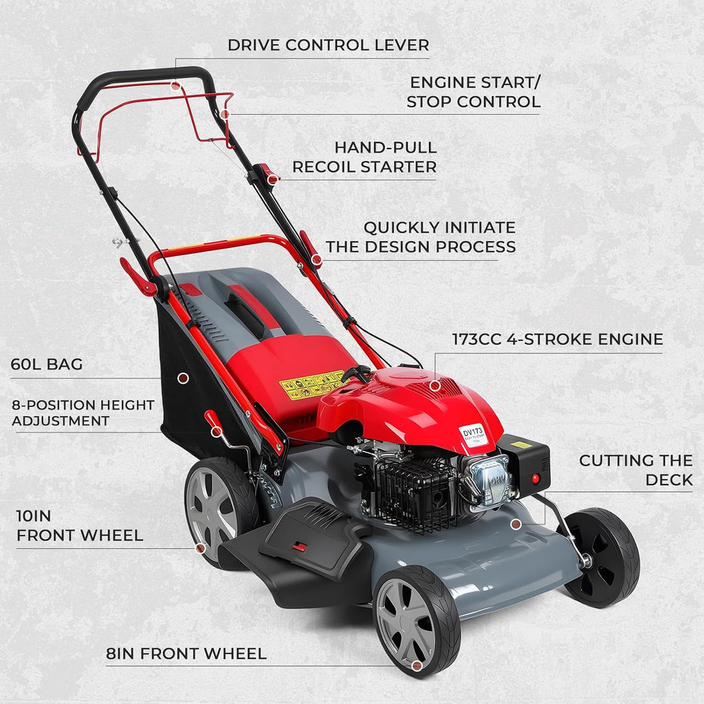 Lawn Mower Gas Powered, Gas Mower with 60l Grass Bag Big Wheels, 173cc Gas Engine 3 in 1 Mulching, Bagging & Side Discharge Self Propelled Walk-Behind Push Mower for Hills 2800RPM (Upgraded 02)