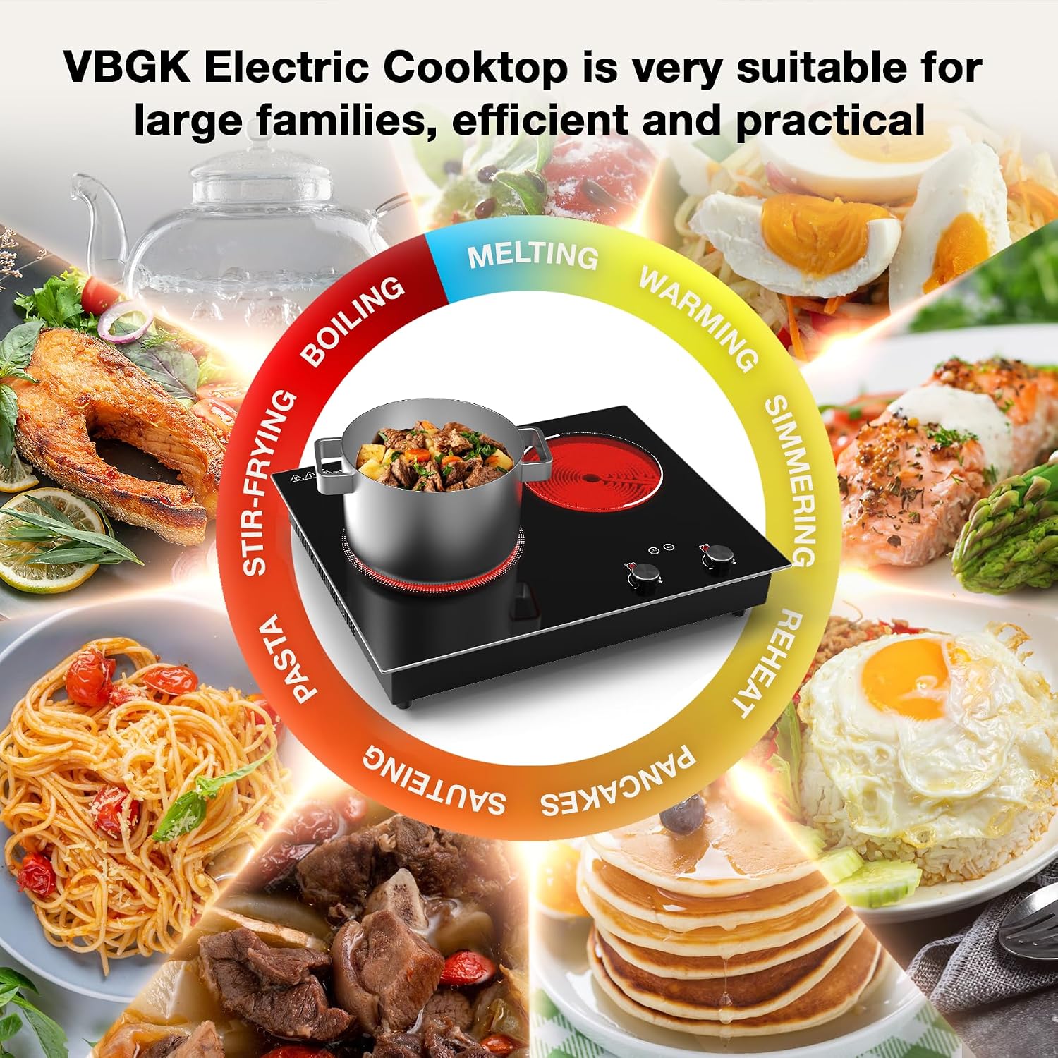 VBGK Electric Cooktop,2100W Built-in & Countertop 2 Burner Electric Cooktop,Electric Stove Top with10 Heating Level, Timer & Kid Safety Lock, LED Knob Touch Control Electric Burner with Plug