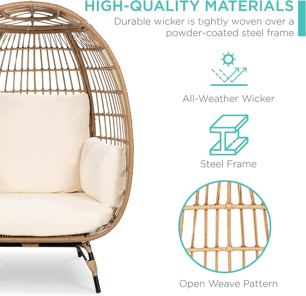 Best Choice Products Wicker Egg Chair, Oversized Indoor Outdoor Lounger for Patio, Backyard, Living Room w/ 4 Cushions, Steel Frame, 440lb Capacity - Ivory