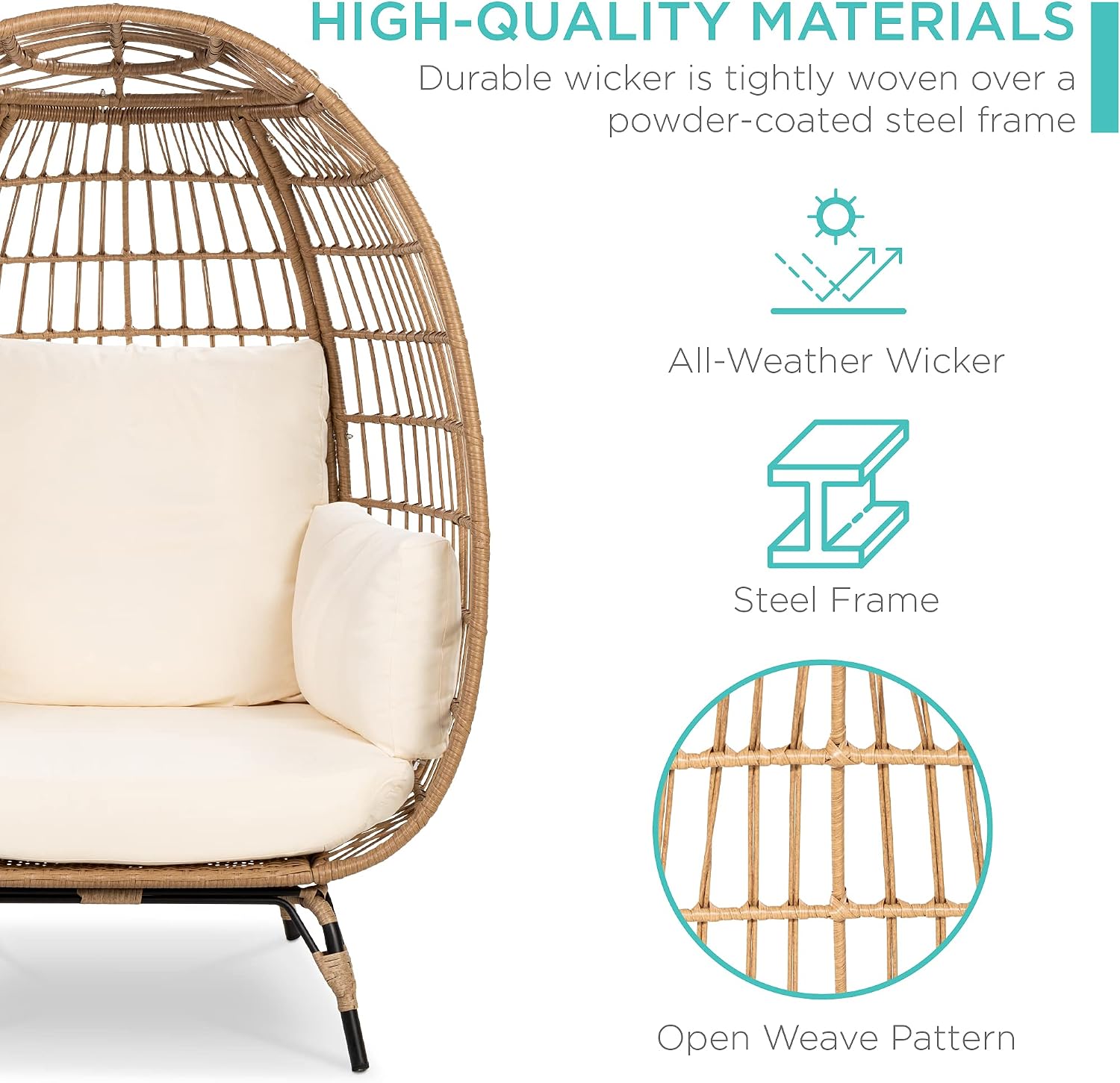 Best Choice Products Wicker Egg Chair, Oversized Indoor Outdoor Lounger for Patio, Backyard, Living Room w/ 4 Cushions, Steel Frame, 440lb Capacity - Ivory