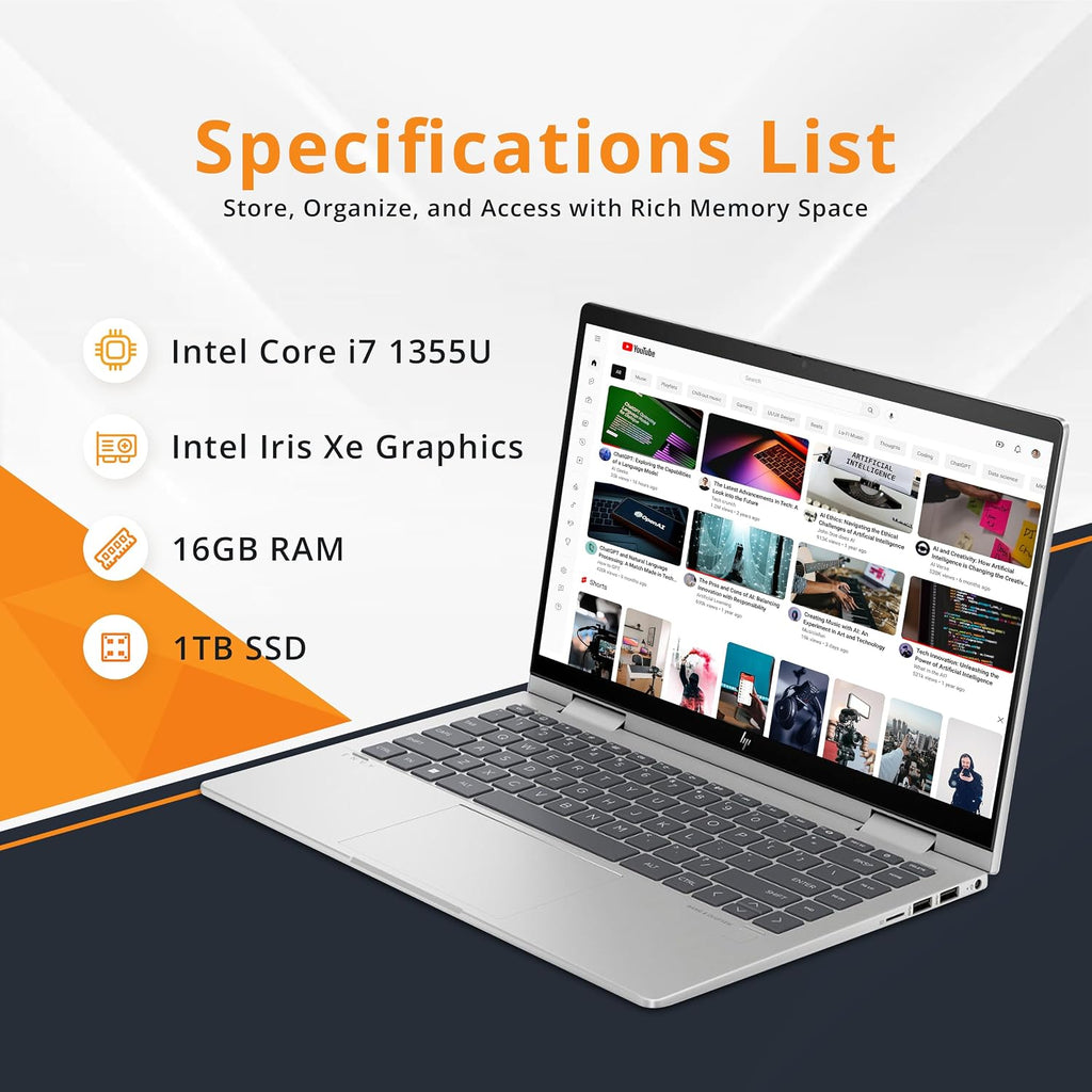HP Envy x360 2-in-1 14' FHD Touchscreen Laptop, Intel i7-1355U, 16GB RAM, 1TB SSD, Backlit Keyboard, 5MP Camera, Fingerprint Reader, Wi-Fi 6E, Win 11, Silver