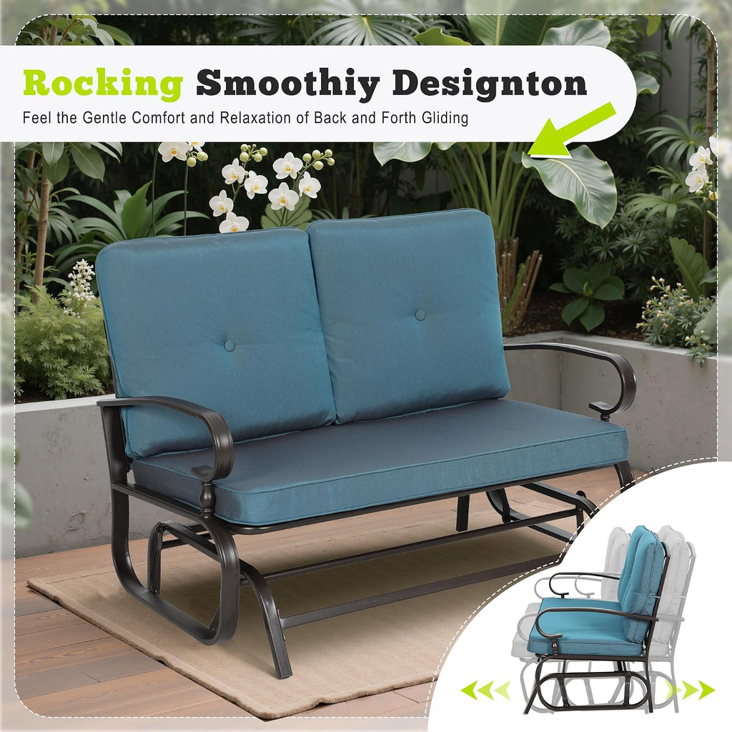 Outdoor Bench Patio Swing Glider Loveseat 2 Seats Rocking Chair, Wrought Iron Gliders for Outside Patio with Cushion (Blue)