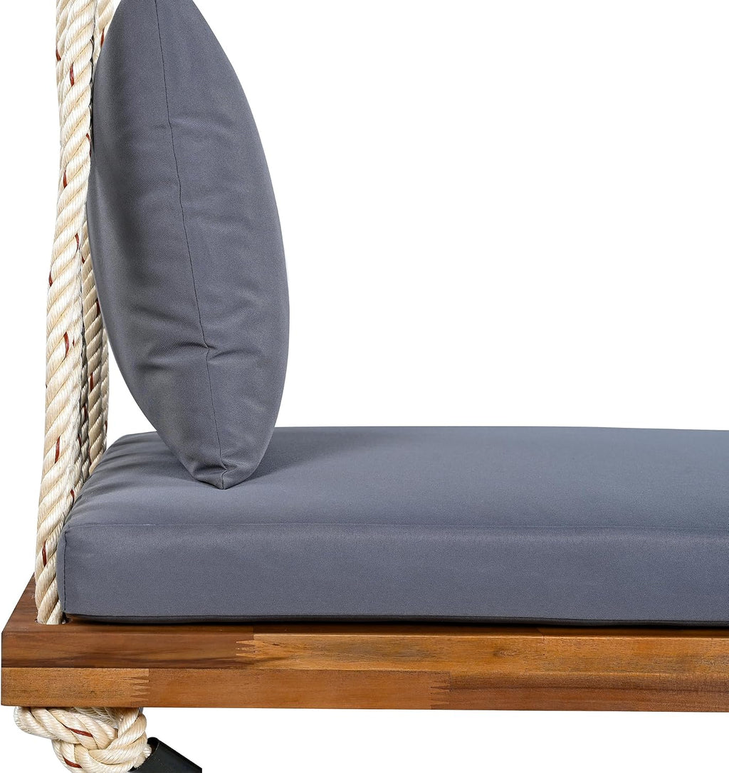 YOPTO Acacia Wood Porch Swing Bench with Cushion & Pillows, 63' Outdoor Hanging Bench for 2 Adults, Rustic Heavy Duty 10.8ft Ropes Swing Daybed for Patio Backyard Garden, White
