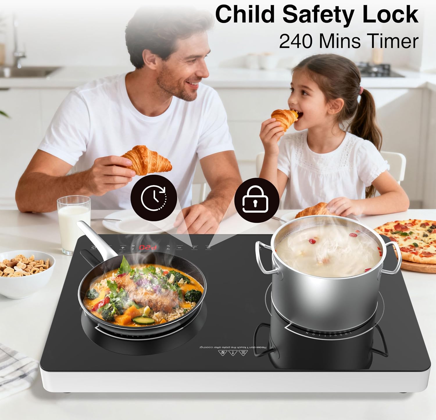 Double Induction Cooktop, 2 Burner Induction Burner 20 Temperature & Power Levels Portable Electric Stove Countertop Burners, Knob Control, Child Safety Lock & 4H Timer, Auto Shut-Off