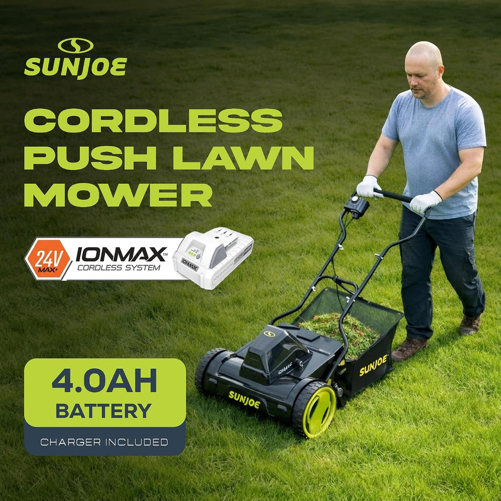 Sun Joe Cordless Electric Push Lawn Mower with 11.9-Gal Bag, 15-Inch Cutting Width, 360W Motor - Heavy-Duty Yard Trimmer for Gardening Care and Maintenance, IONMAX 24V-CRLM15