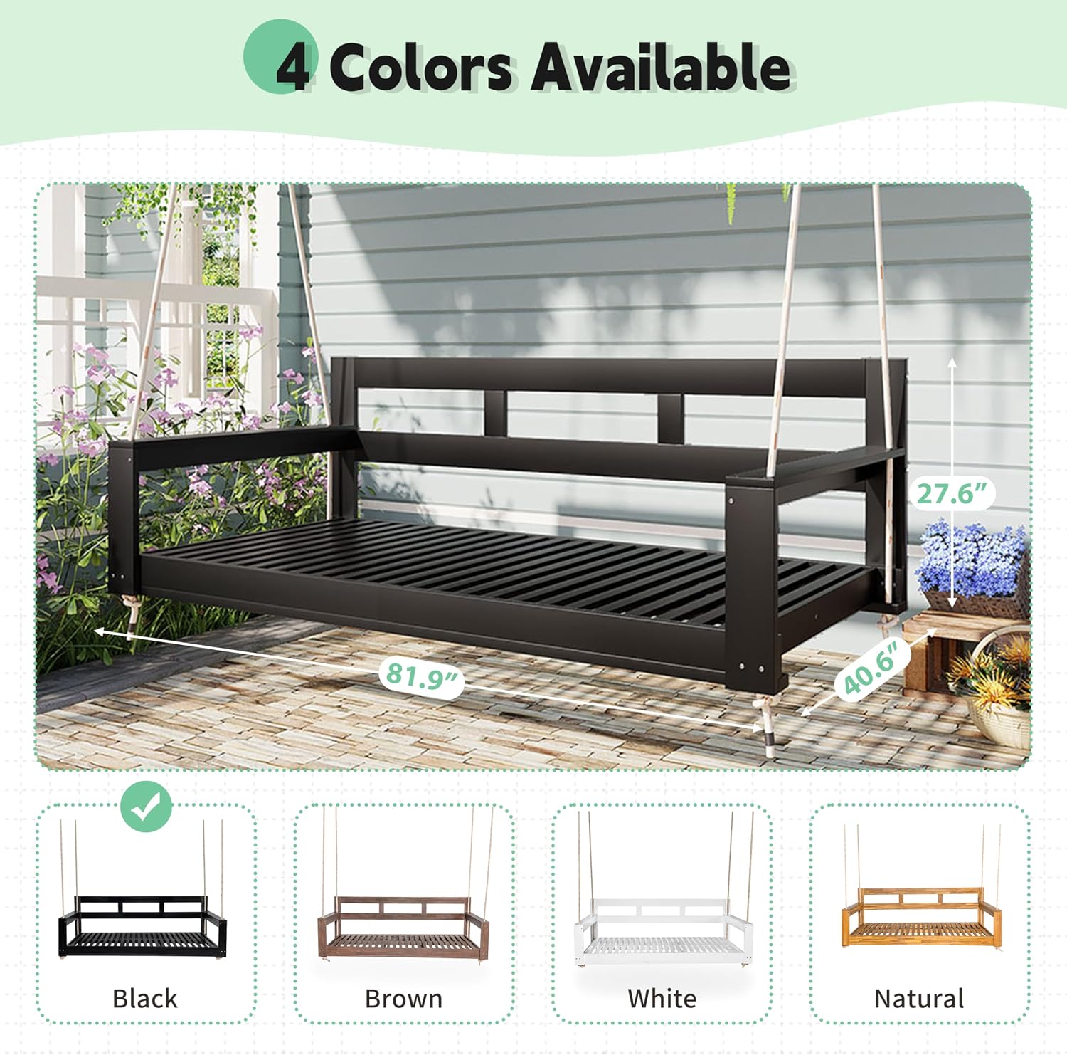 LUMISOL Twin Size Porch Swing Daybed Frame, Garden Porch Swing Bench Chair with 4 Hanging Ropes for Backyard Outdoor, Black