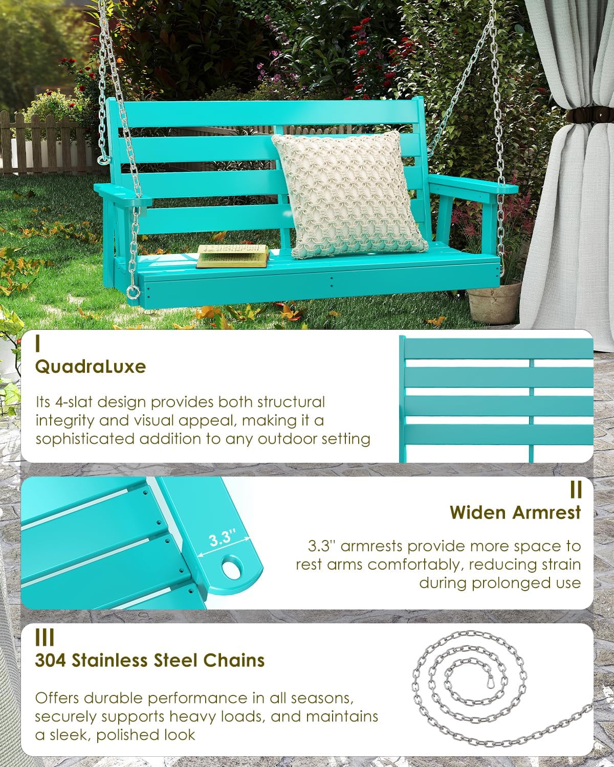 GREENVINES Porch Swing | 51'' | HDPE Plastic | for Outdoor Patio | All Weather | Waterproof Bench Swings | w/ 4 Stainless Steel Chains | Aqua