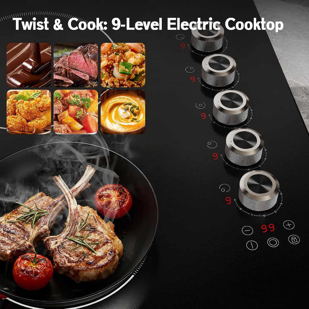 36 Inch Electric Cooktop 5 burner Karienvir, 8900W Built-in Electric Stove Top, Cooktop 36' with Double-ring Burner, Knob & Touch Control, 9 Power Levels, Timer, Safety Lock, 220V-240V Hard Wire