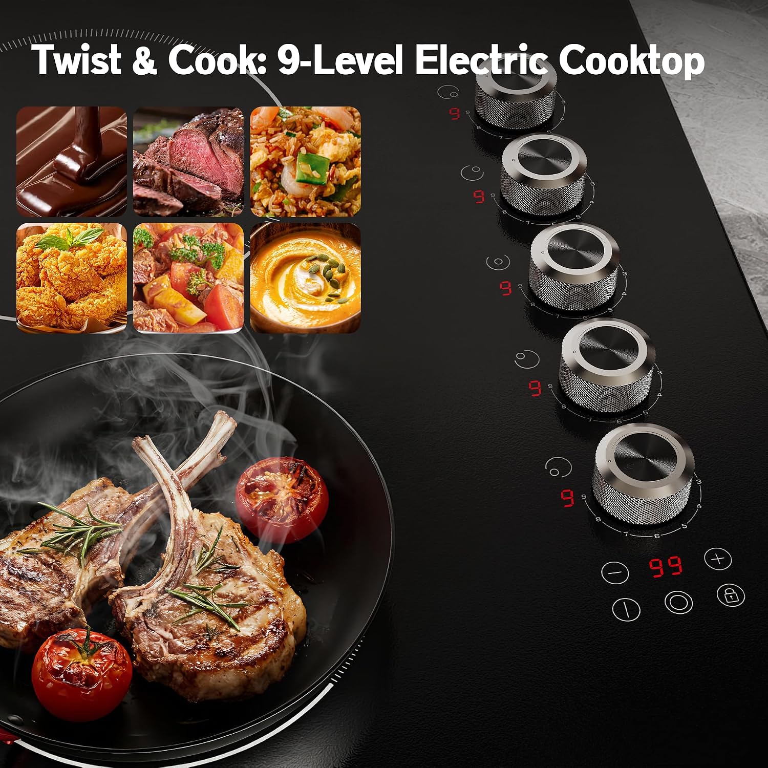 36 Inch Electric Cooktop 5 burner Karienvir, 8900W Built-in Electric Stove Top, Cooktop 36' with Double-ring Burner, Knob & Touch Control, 9 Power Levels, Timer, Safety Lock, 220V-240V Hard Wire