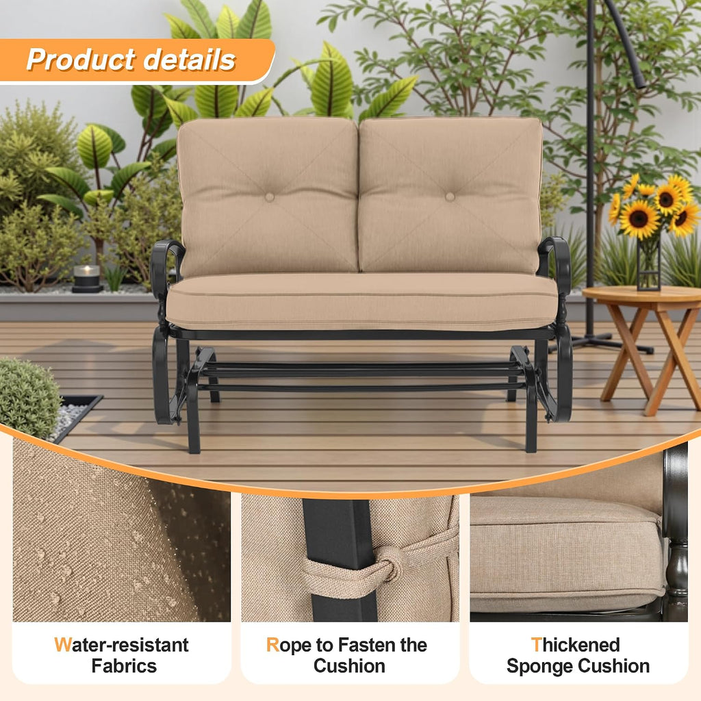Incbruce Outdoor Glider Rocking Chair Patio Glider Bench for 2 Person, Porch Loveseat Seating Patio Steel Frame Chair Set with Cushion for Porch, Patio, Garden (Brown)