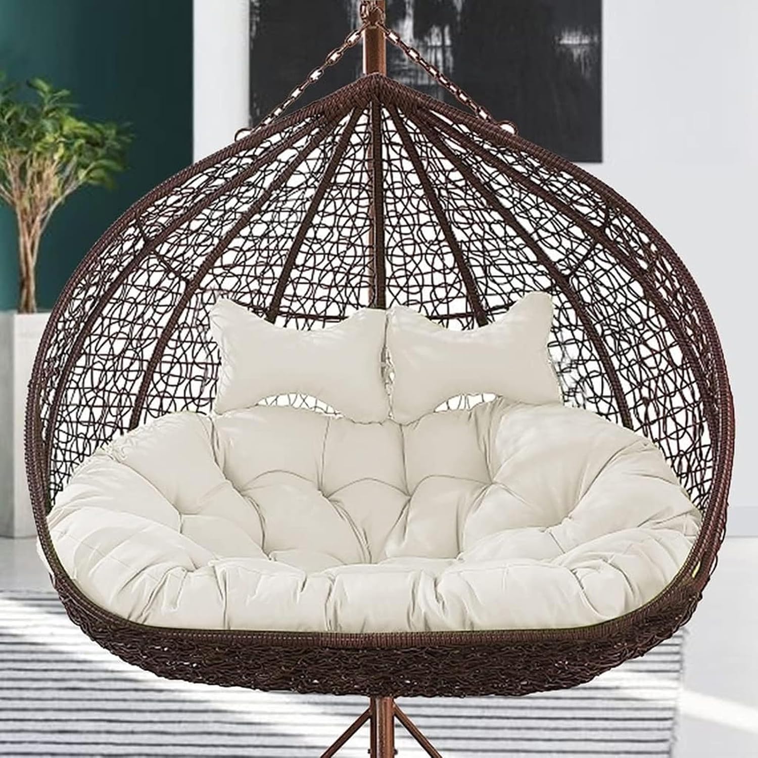 Generic Double Swing Chair Cushion Replacement, Large Egg Chair Cushion with Adjustable Pillow for Indoor Outdoor Garden Balcony Rocking Hanging Basket Rattan Chair Rest Seat Pad(E), Size