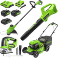 Greenworks 48V (24V x 2) Lawn Mower Combo - 20' Push Mower, 12' String Trimmer, Leaf Blower and 24V Jig Saw - Ideal for Yard & Indoor