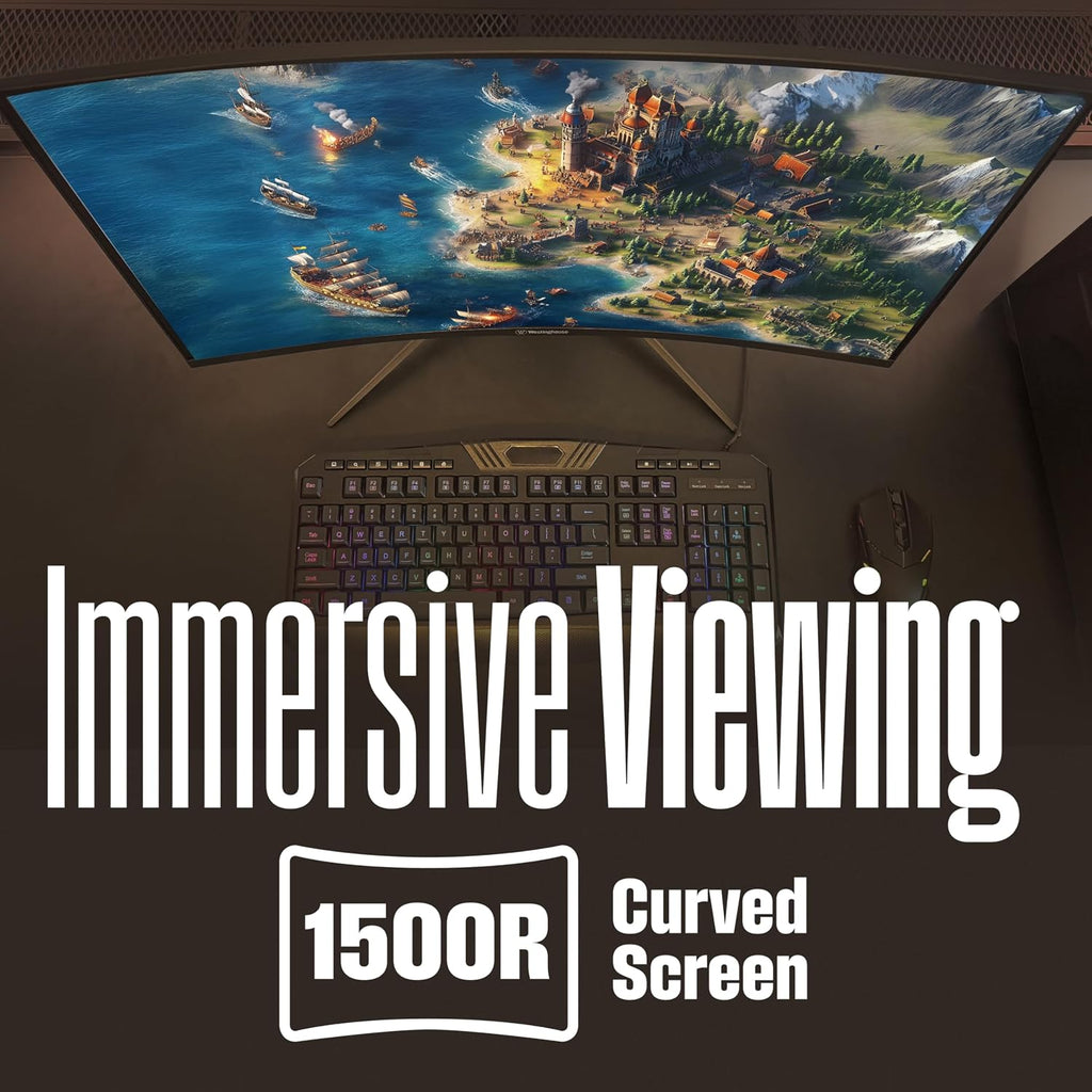 Westinghouse 27 Inch Curved Gaming Monitor, 200Hz, 1ms, FHD 1080P, 3000:1 Contrast Ratio, 118% sRGB, 1500R, AMD FreeSync, Eyecare, for PC Games with Built-in Speakers, DisplayPort, HDMIx2-Black