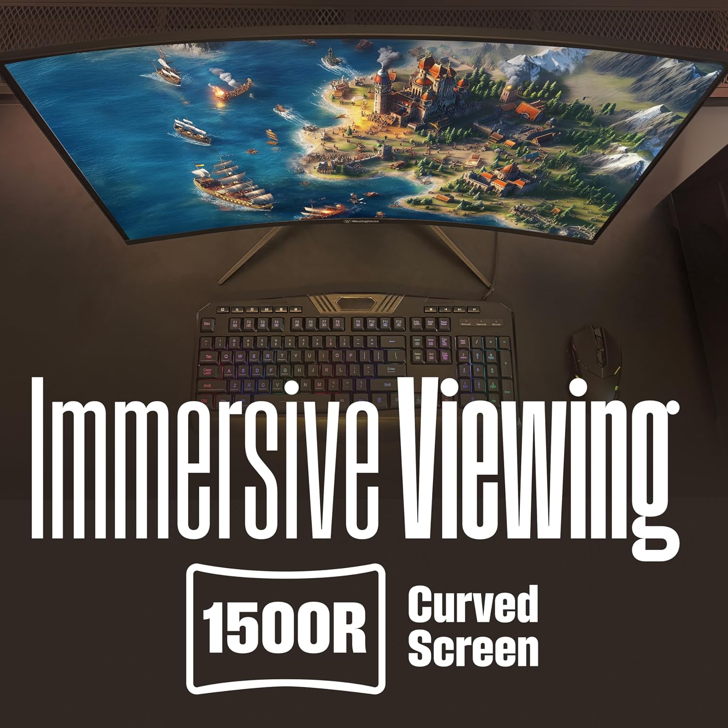 Westinghouse 27 Inch Curved Gaming Monitor, 200Hz, 1ms, FHD 1080P, 3000:1 Contrast Ratio, 118% sRGB, 1500R, AMD FreeSync, Eyecare, for PC Games with Built-in Speakers, DisplayPort, HDMIx2-Black