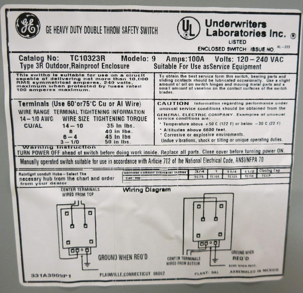 GE Energy Industrial Solutions TC10323R GE Outdoor Double Pole Double Throw Safety Switch, 100-Amp