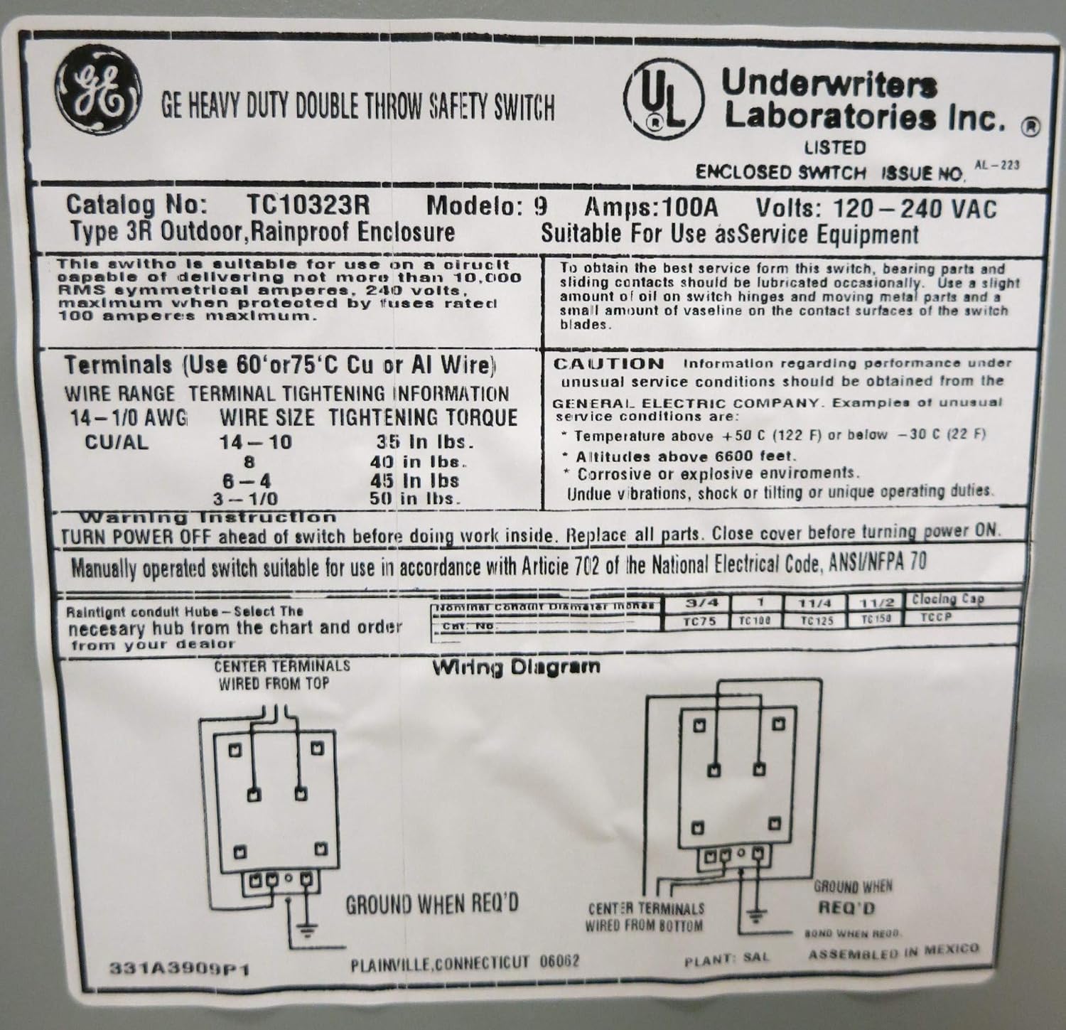 GE Energy Industrial Solutions TC10323R GE Outdoor Double Pole Double Throw Safety Switch, 100-Amp