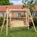 2-Seat Wooden Log Porch Swing With Stand, Rustic Hardwood Chair Bench, Curved Back, for Outside Yard, Garden, Deck, Poolside, Natural