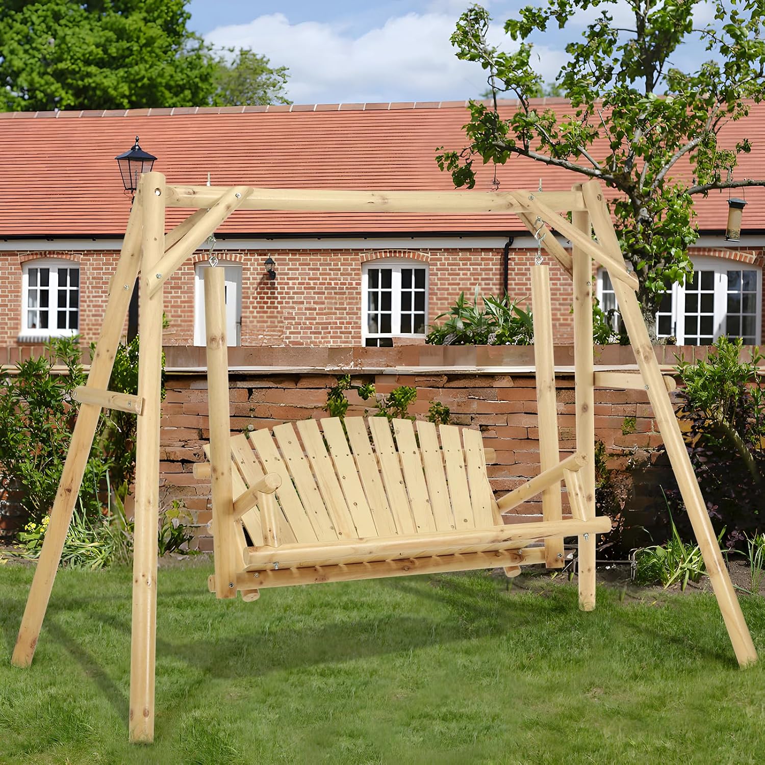 2-Seat Wooden Log Porch Swing With Stand, Rustic Hardwood Chair Bench, Curved Back, for Outside Yard, Garden, Deck, Poolside, Natural