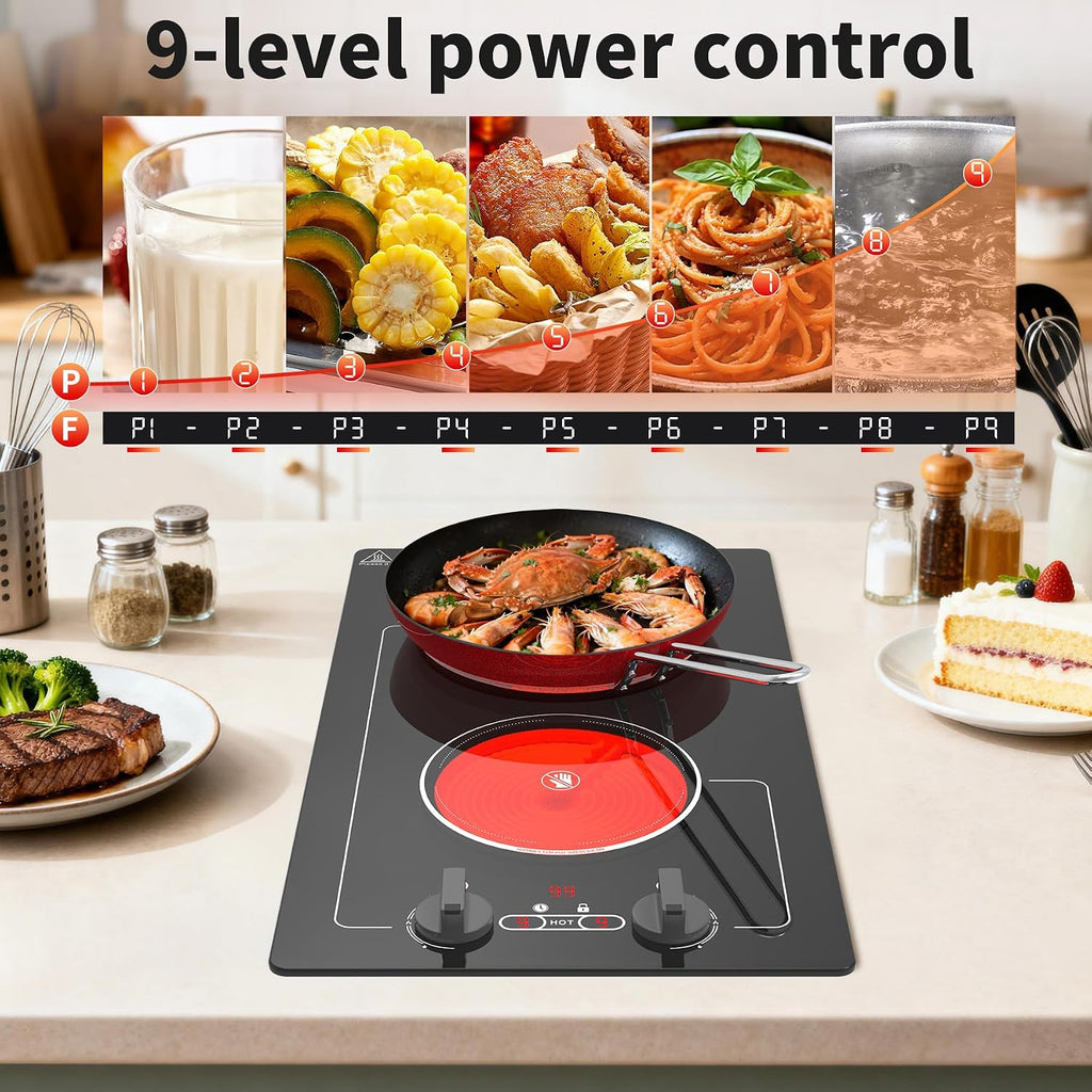 VBGK Electric Cooktop,110V 2100W electric Stove Top with Knob Control,Countertop/Built-in Design with 9 Power Levels,Kids Lock & Timer, Overheat Protection,and touch control 2 burner electric Cooktop.