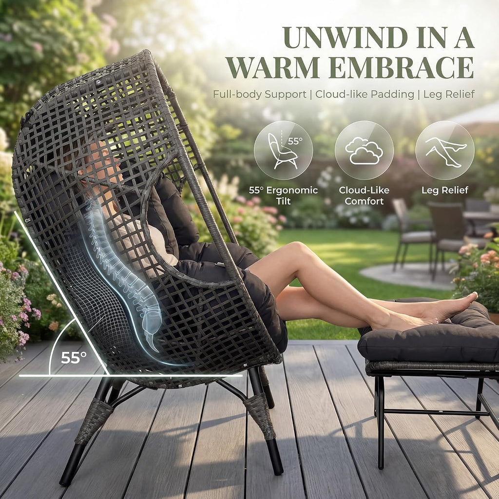 NICESOUL Outdoor Egg Chair with Footrest, XL Large Cushioned Double Egg Seat w/Legs for 2 People, 440lbs Egg-Shape Lounge Chair w/Ottoman Set of 2, Modern Stationary Patio Seating for Reading, Grey