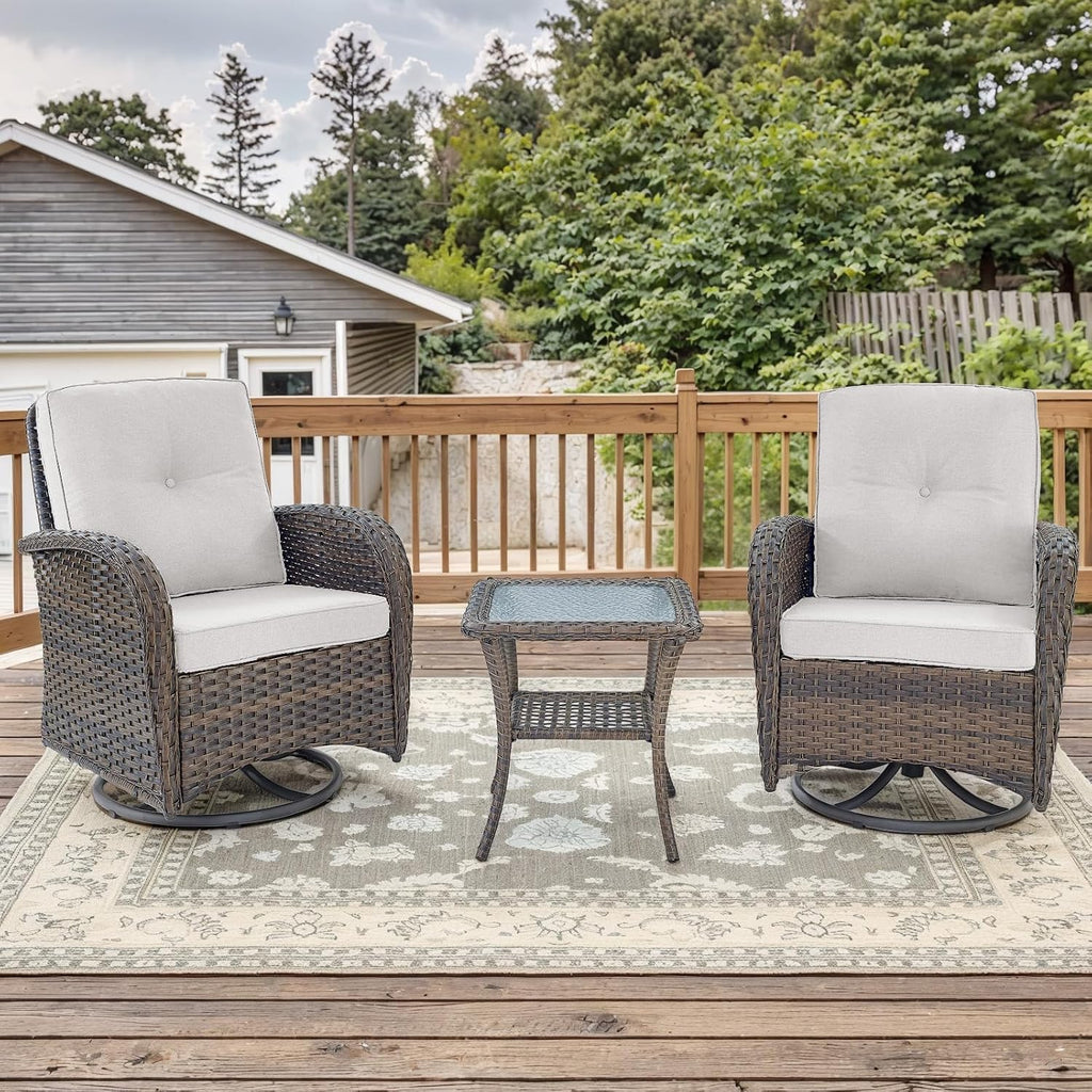 Outdoor Swivel Glider Rocker Chairs - 3 Piece Patio Furniture Set, Patio Bistro Sets with Tempered Glass Side Table, for Balcony, Porch - Brown Wicker, Beige Cushion
