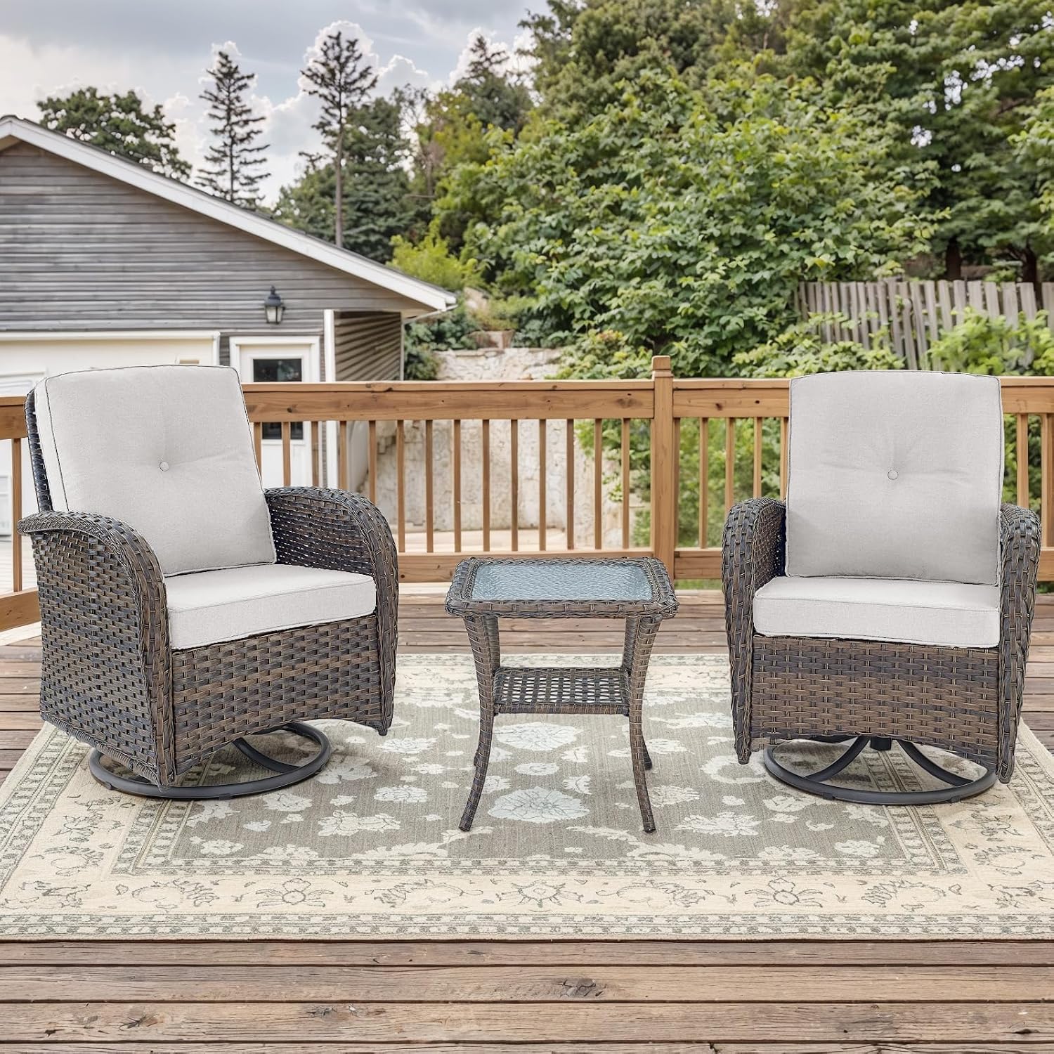 Outdoor Swivel Glider Rocker Chairs - 3 Piece Patio Furniture Set, Patio Bistro Sets with Tempered Glass Side Table, for Balcony, Porch - Brown Wicker, Beige Cushion