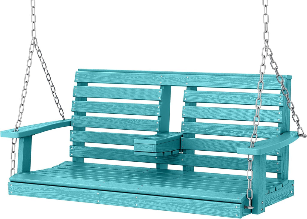 KINGYES Outdoor Hanging Porch Swing, 2 Seat Patio Swing Chair with Cup Holders, Waterproof Swing Chair Bench for Courtyard & Garden, 660LBS Weight Capacity, Aruba Blue